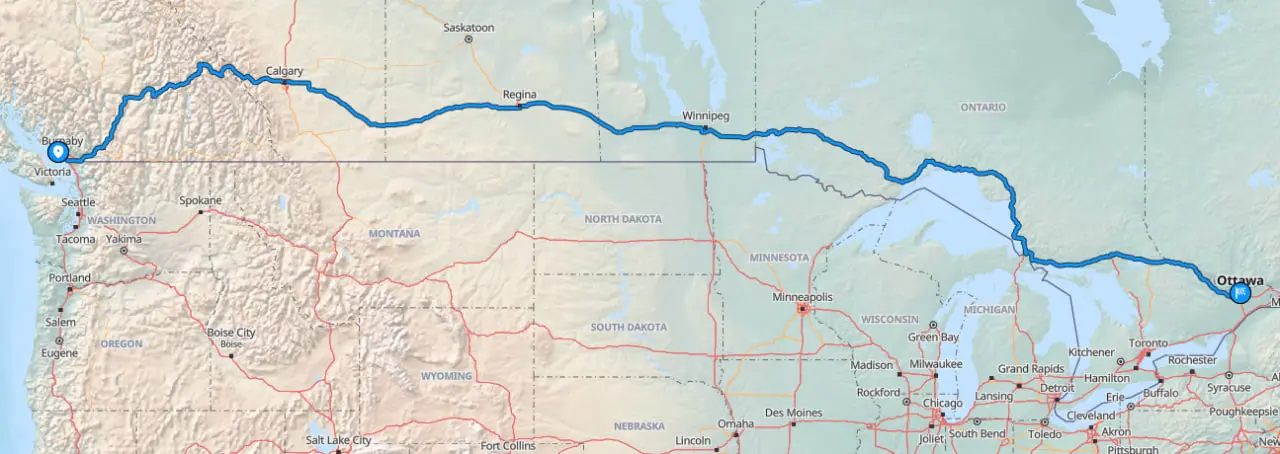 Vancouver to Ottawa car shipping route on map