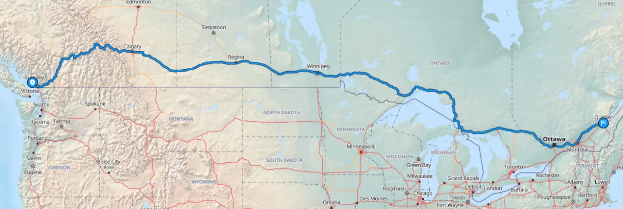 Map from Vancouver to Quebec City