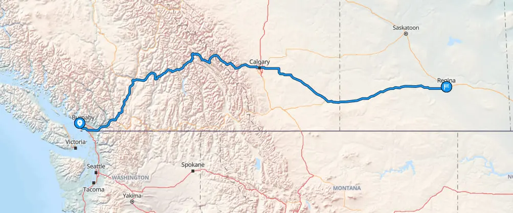 Route map of Vancouver to Regina