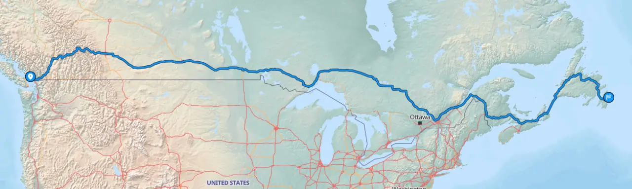 Map showing Vancouver to St. Johns car shipping route
