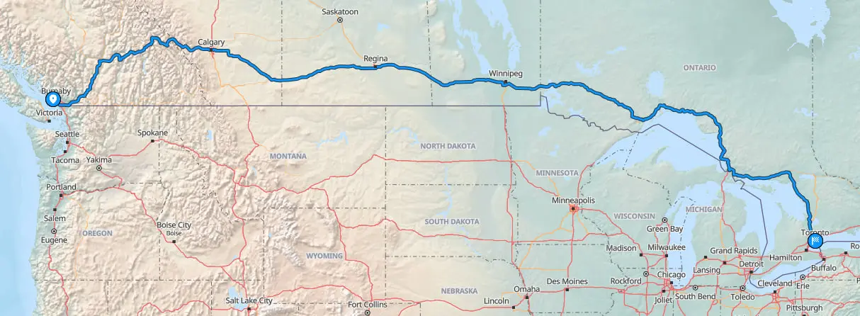 Map showing route from Vancouver to Toronto