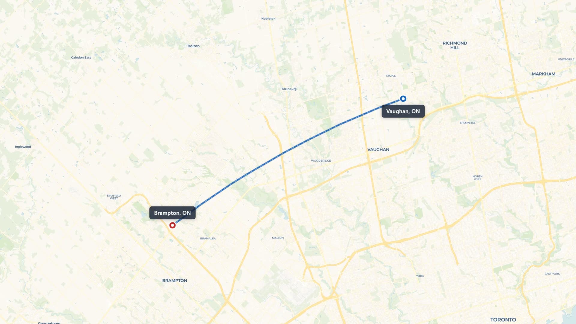 Route map showing car shipping from Vaughan to Brampton