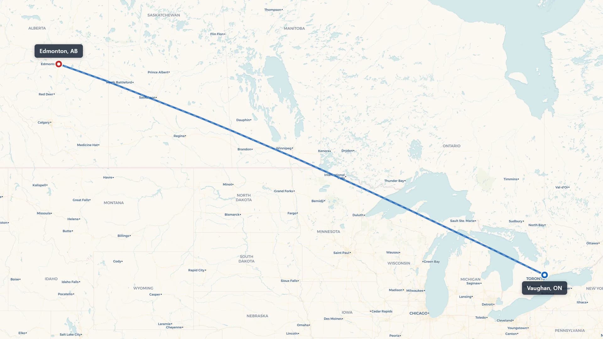 Route map showing car shipping from Vaughan to Edmonton