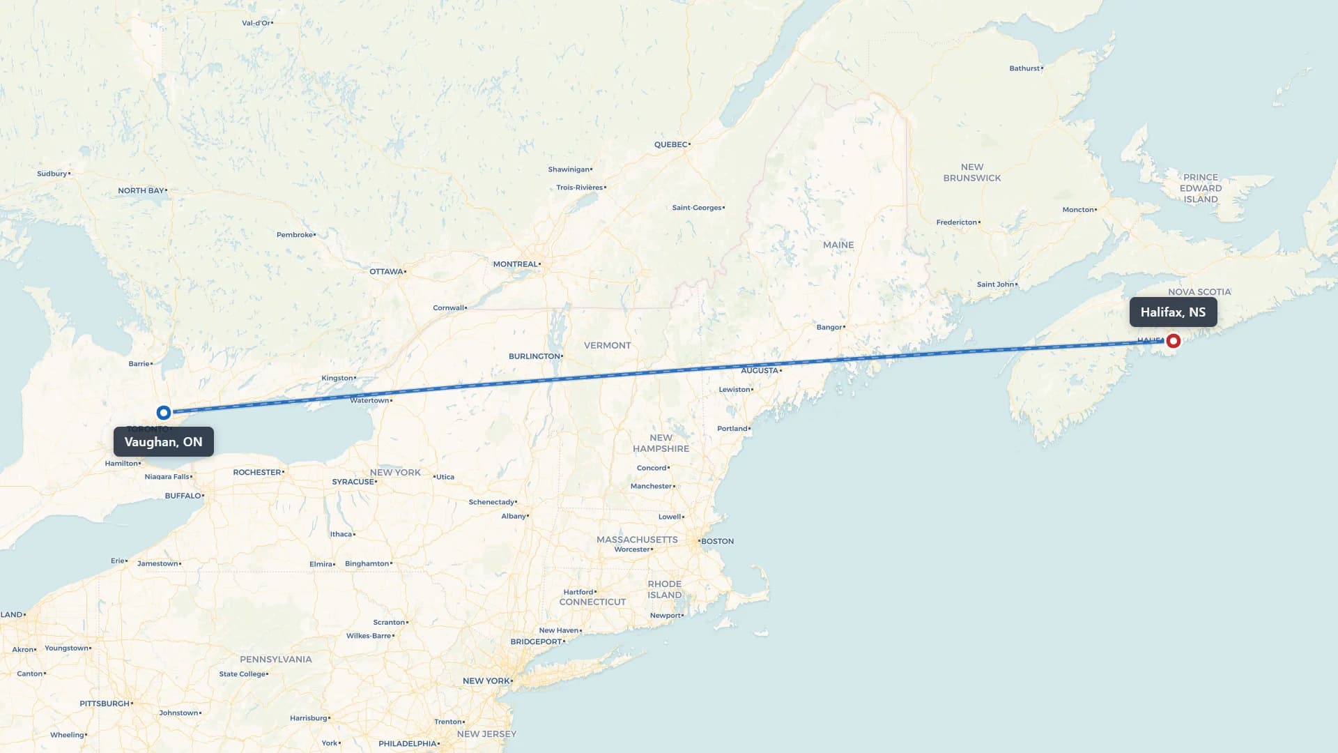 Route map showing car shipping from Vaughan to Halifax