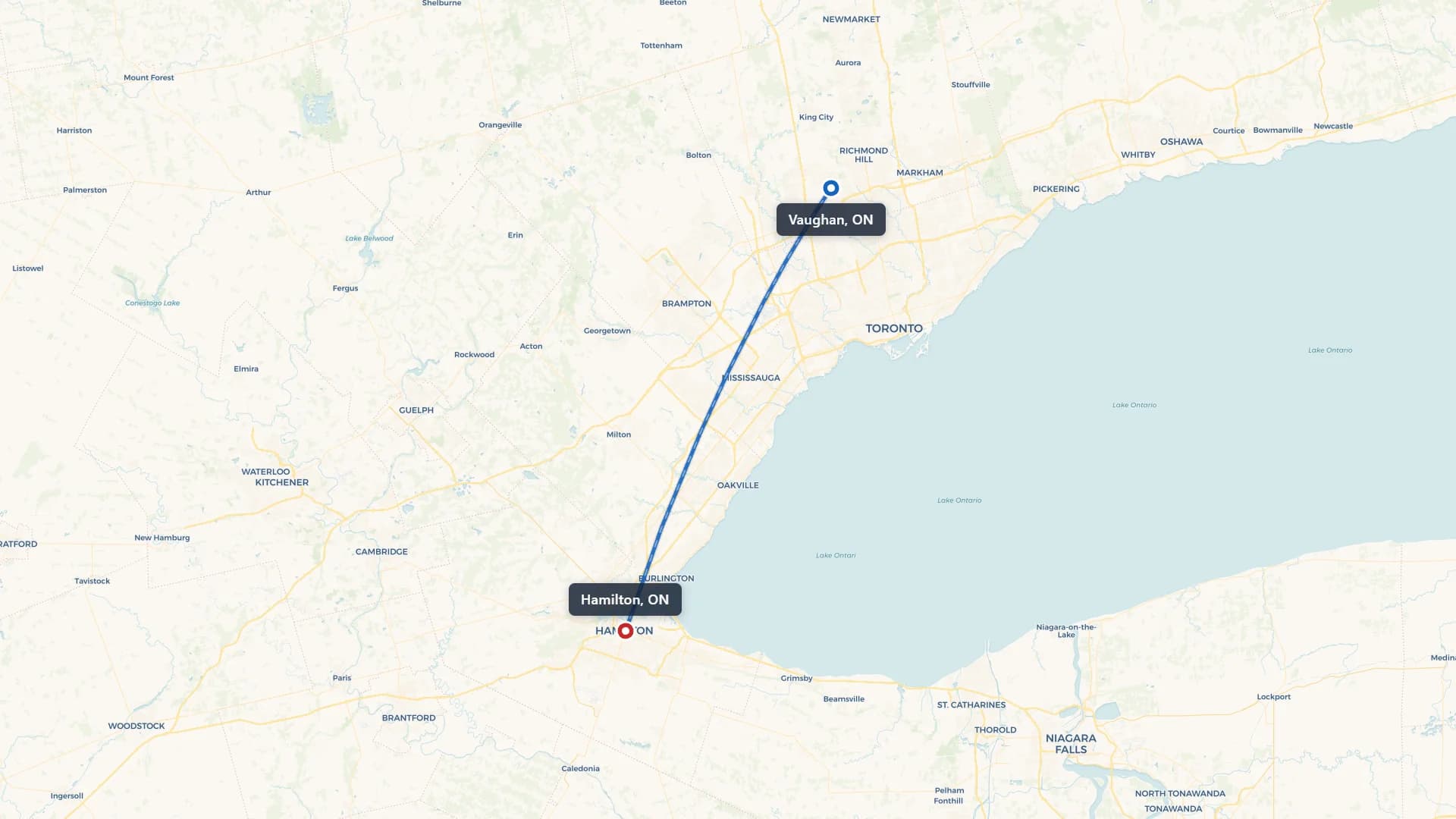Route map showing car shipping from Vaughan to Hamilton