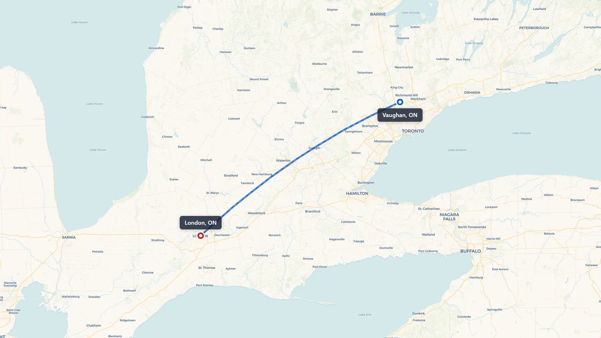 Route map showing car shipping from Vaughan to London