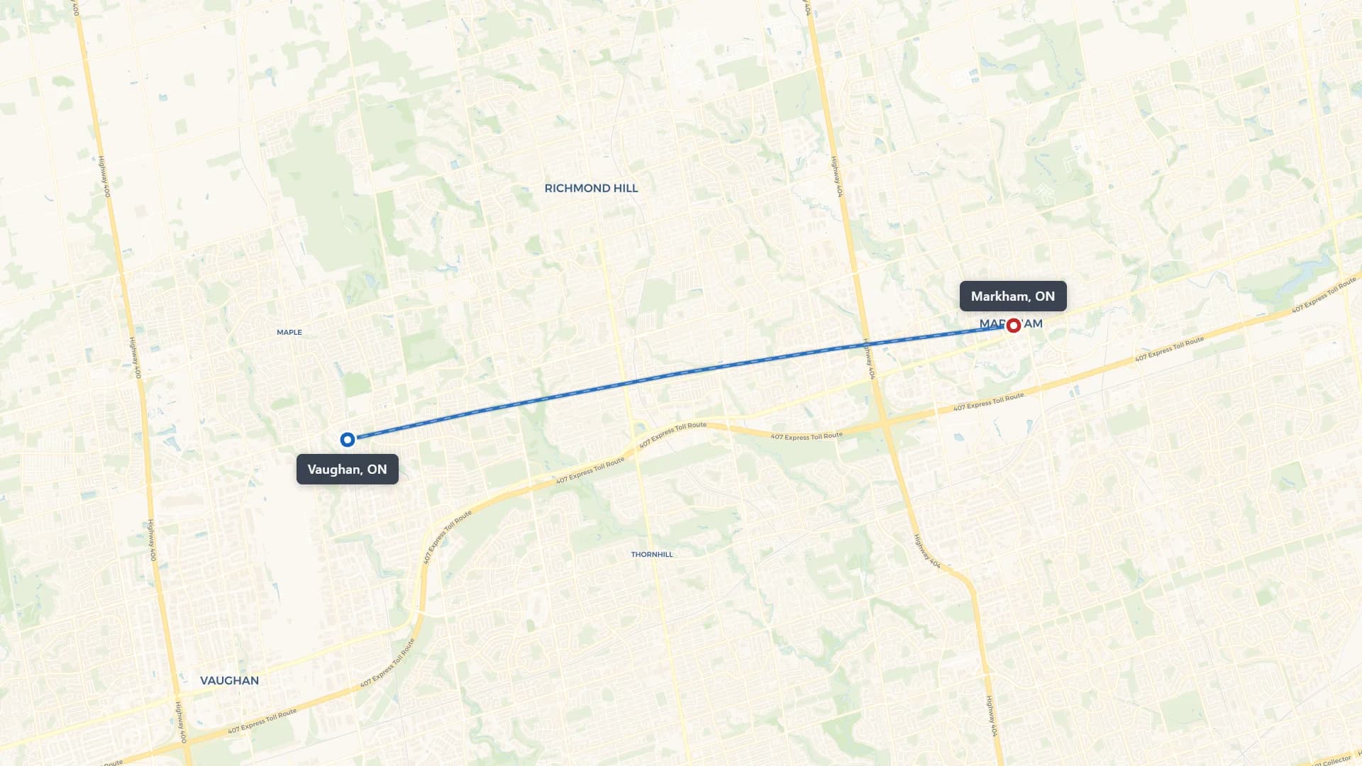 Route map showing car shipping from Vaughan to Markham