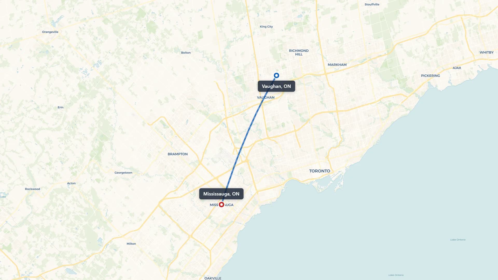 Route map showing car shipping from Vaughan to Mississauga