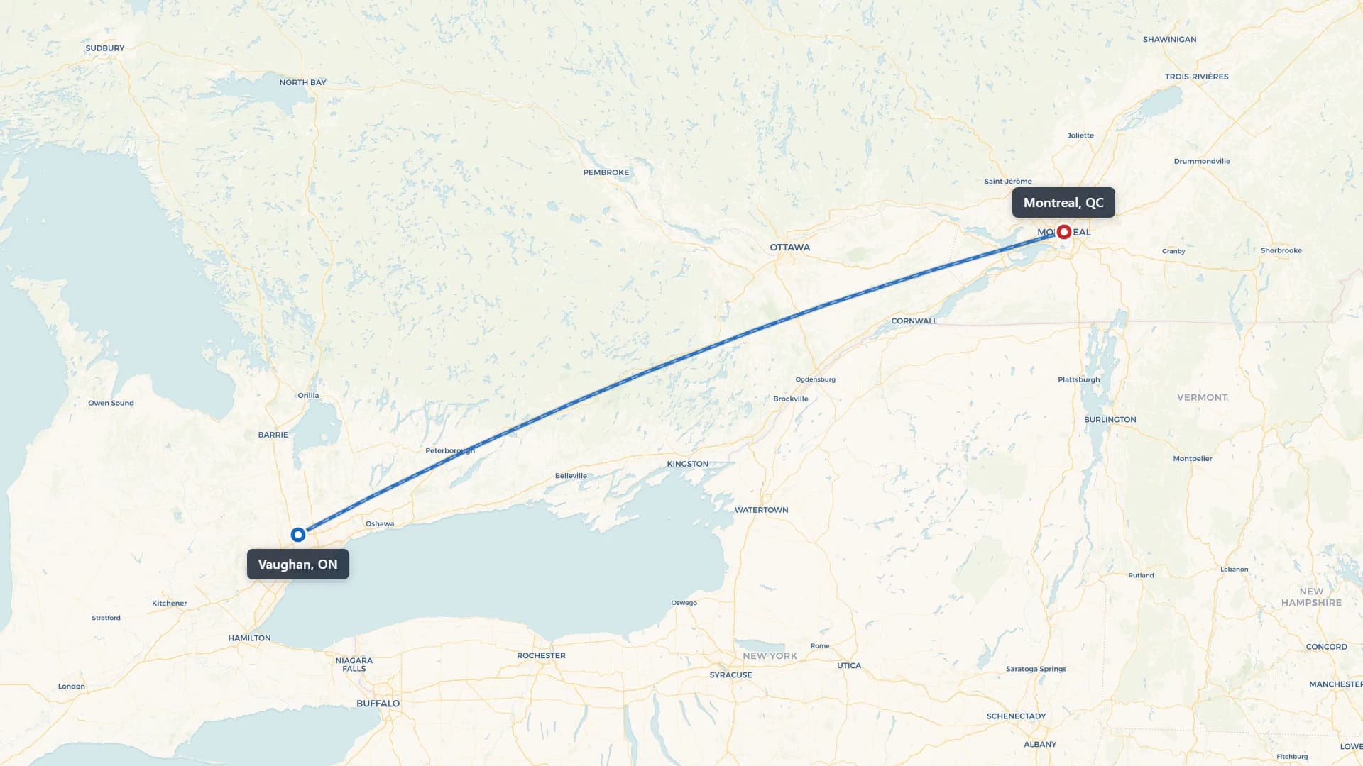 Route map showing car shipping from Vaughan to Montreal