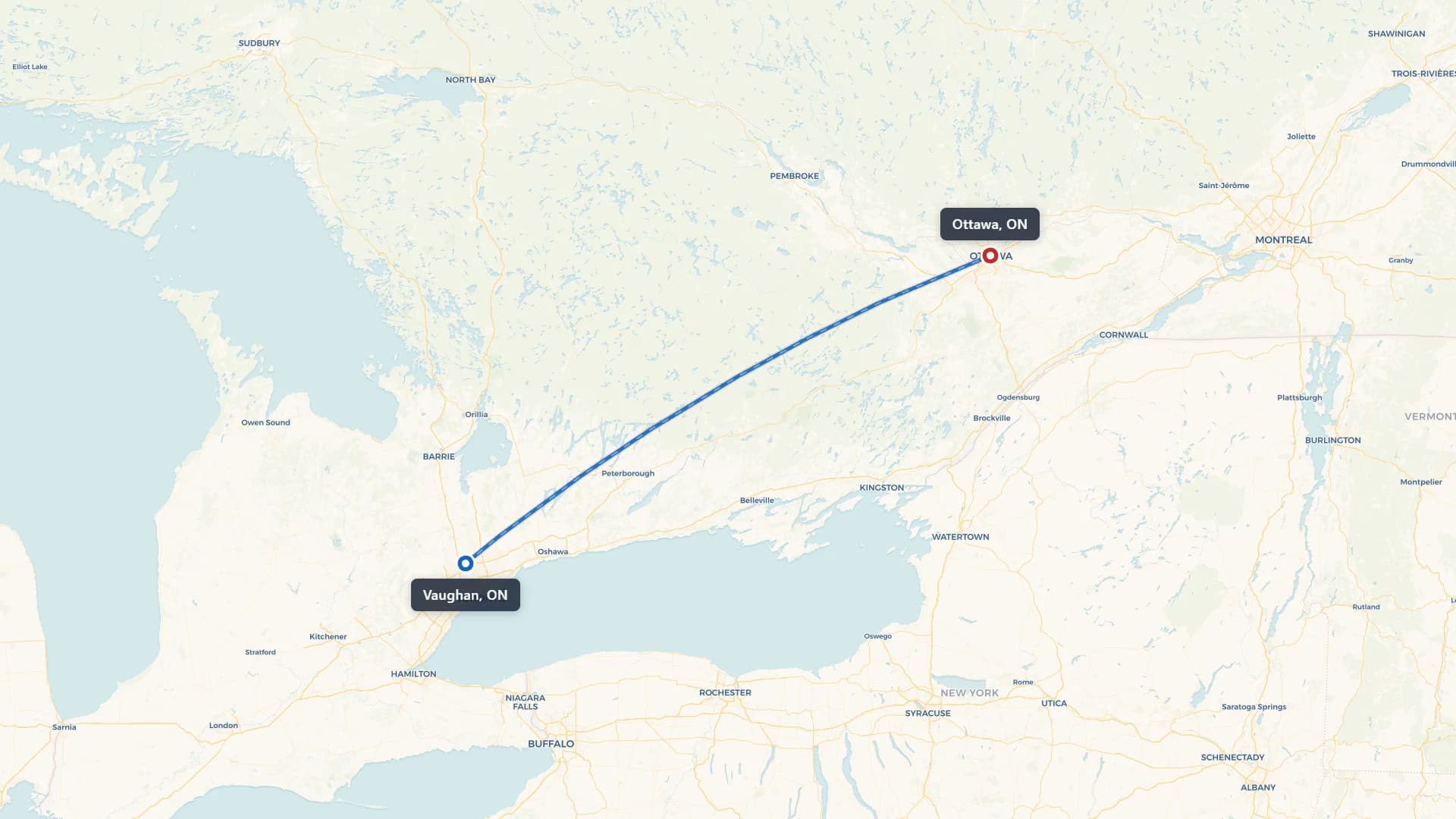 Route map showing car shipping from Vaughan to Ottawa