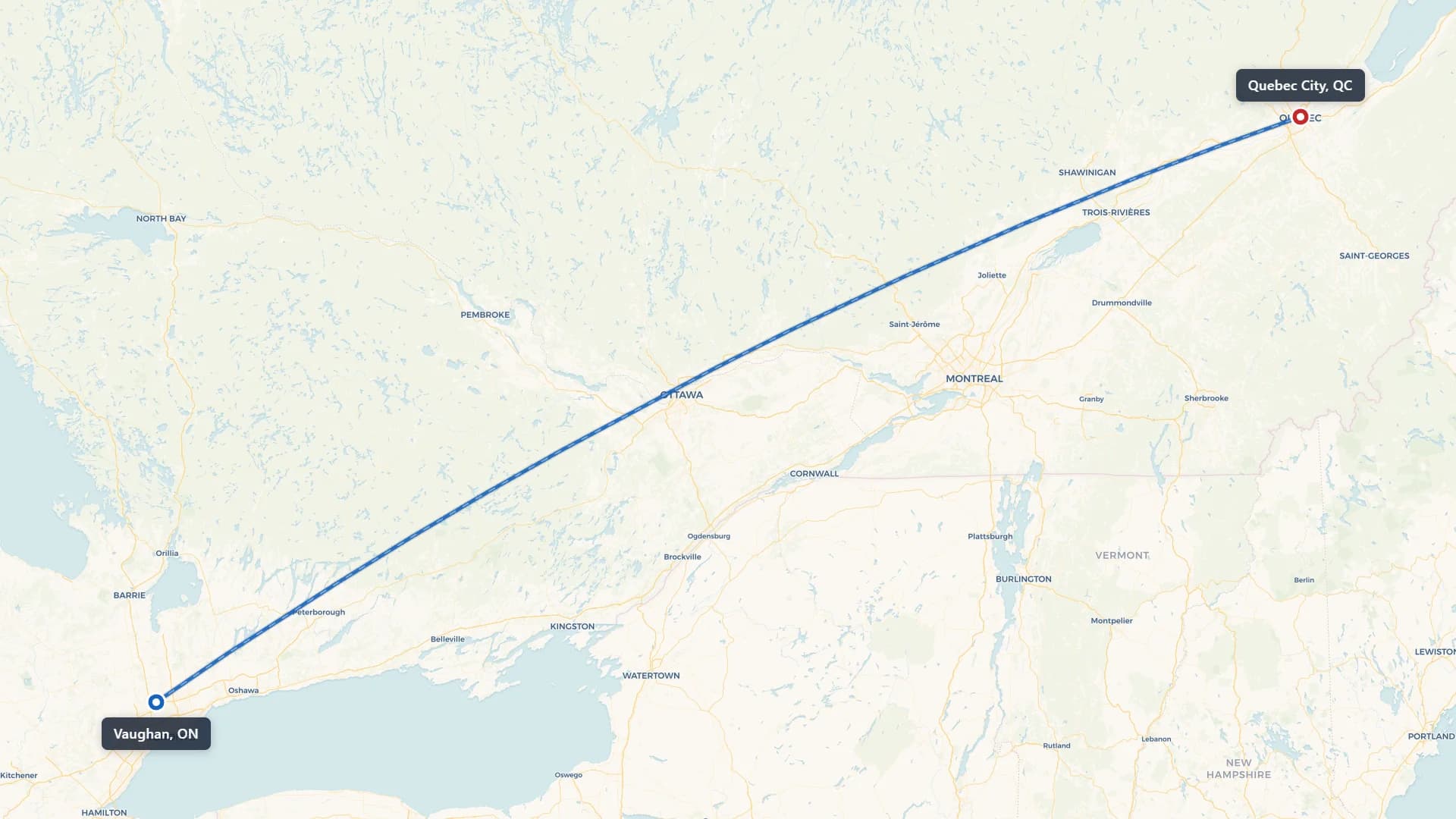Route map showing car shipping from Vaughan to Quebec City