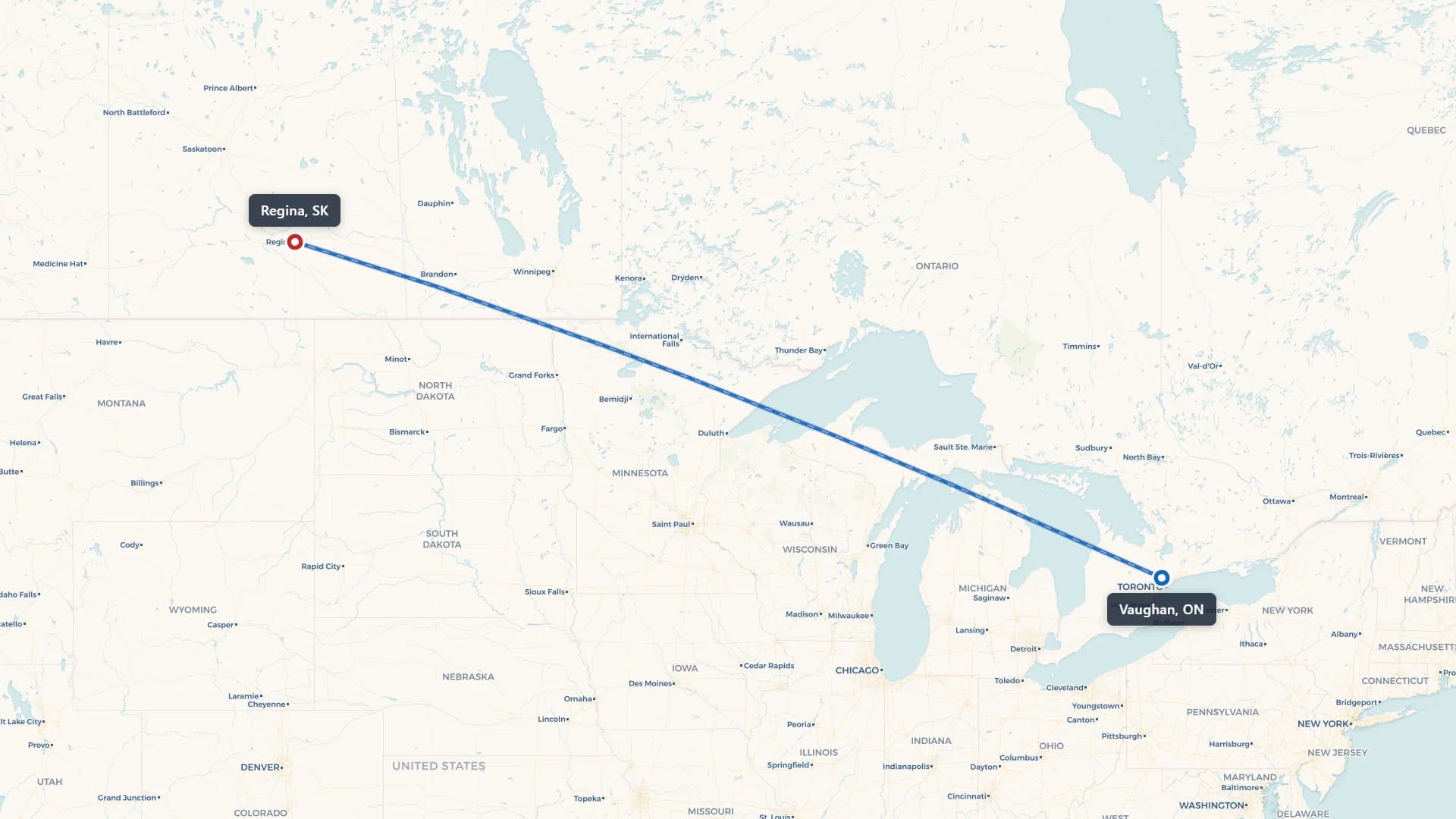 Route map showing car shipping from Vaughan to Regina