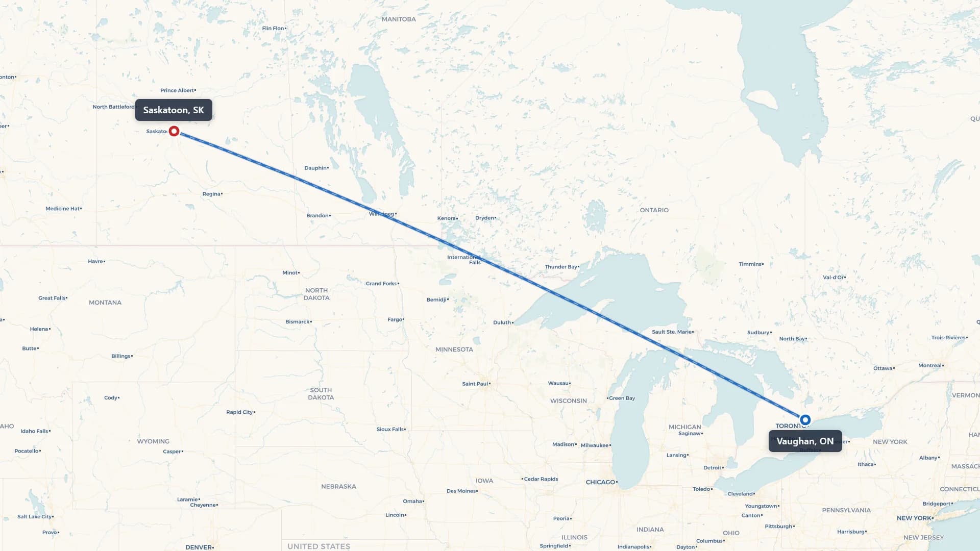 Route map showing car shipping from Vaughan to Saskatoon