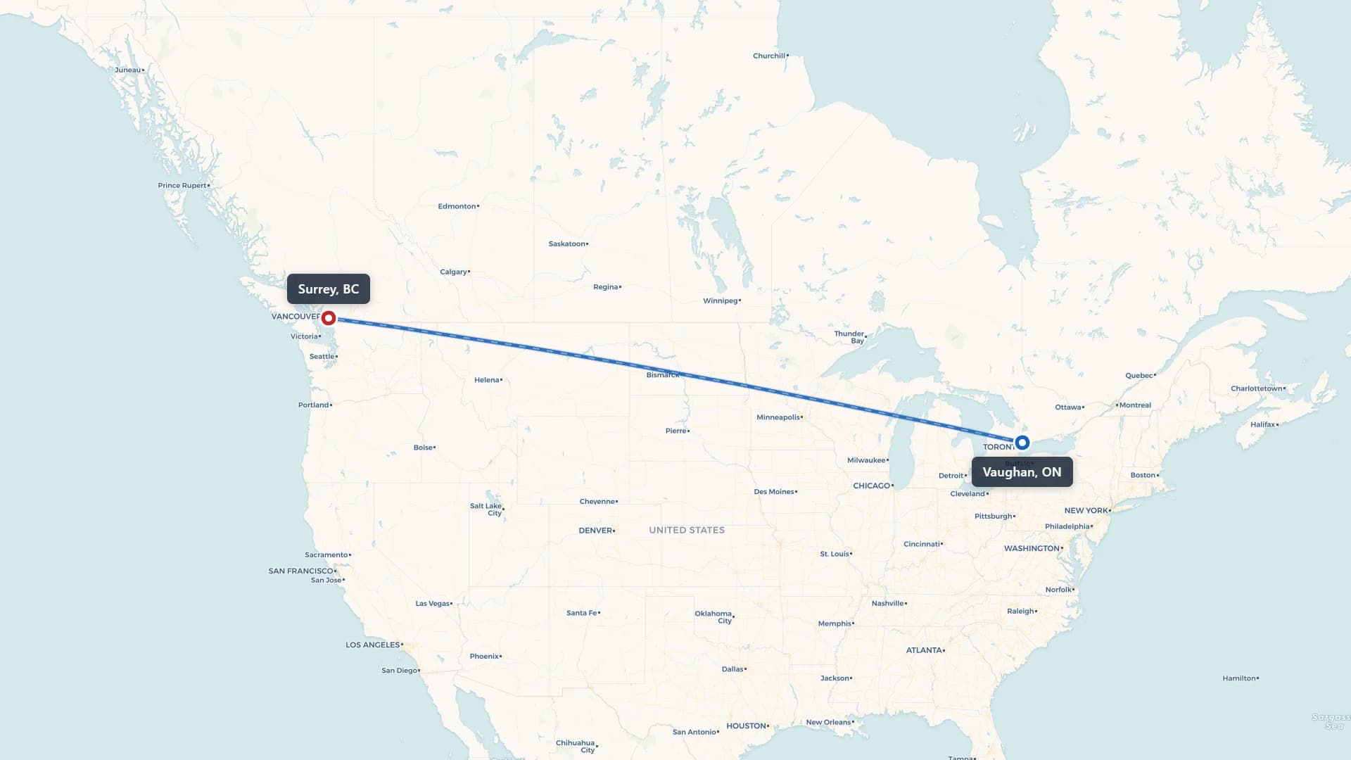 Route map showing car shipping from Vaughan to Surrey