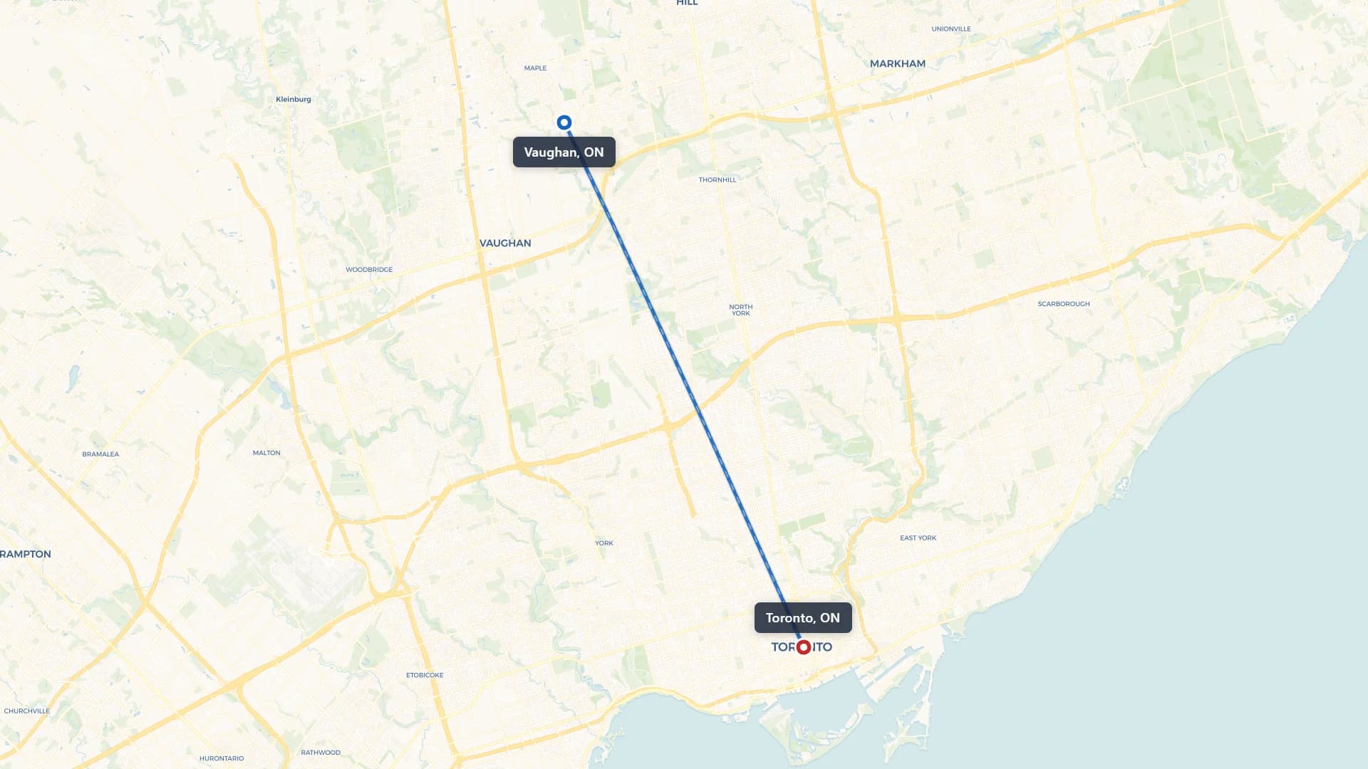 Route map showing car shipping from Vaughan to Toronto