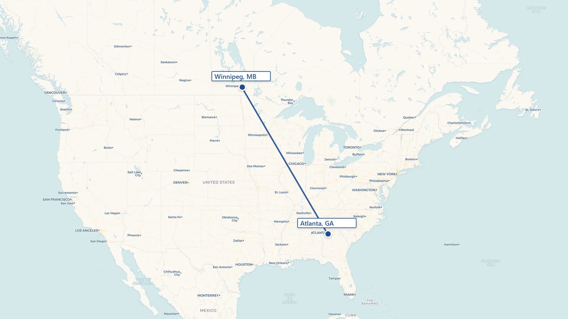 Map showing Winnipeg to Atlanta cross-border shipping route