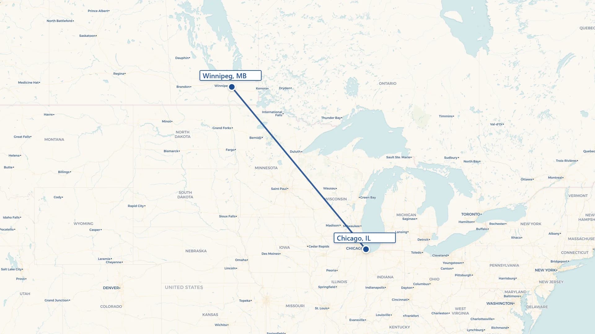 Map showing Winnipeg to Chicago cross-border shipping route