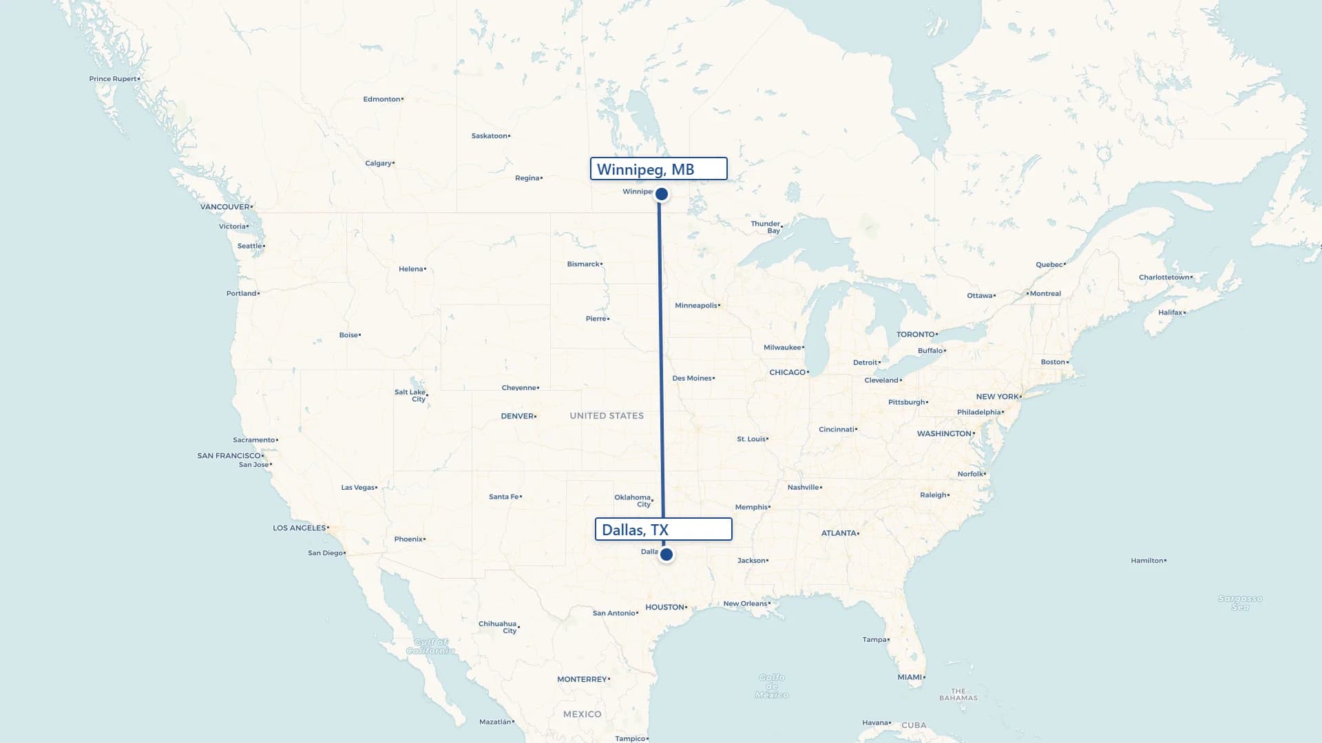 Map showing Winnipeg to Dallas cross-border shipping route