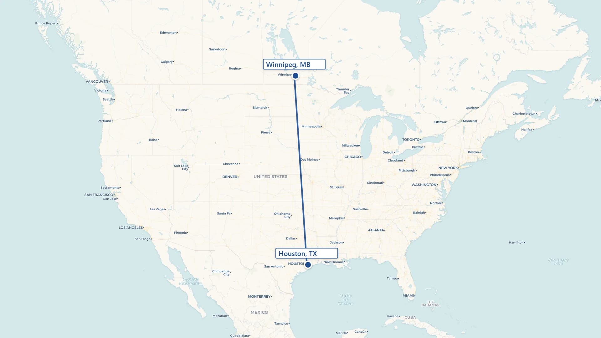 Map showing Winnipeg to Houston cross-border shipping route