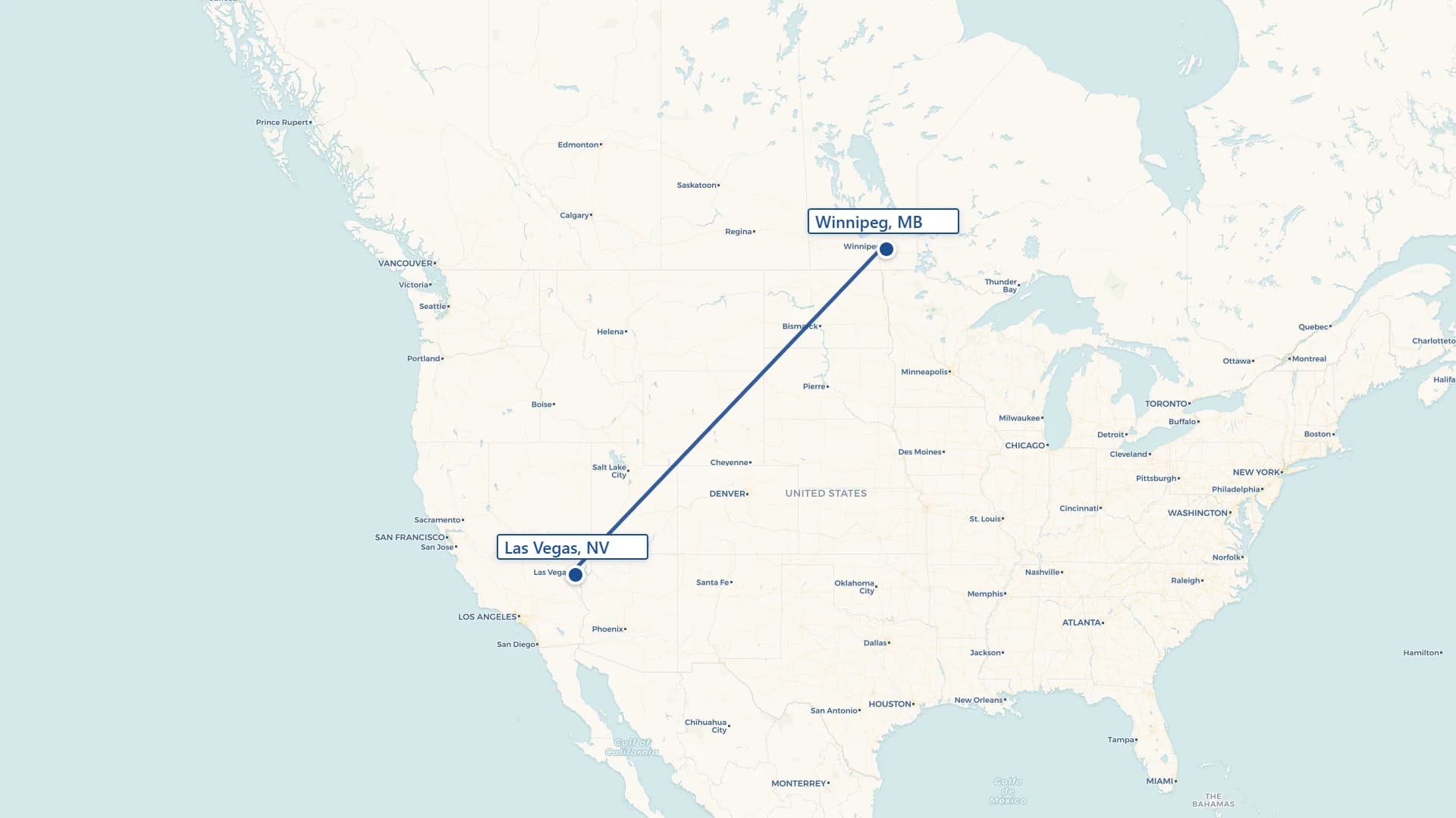 Map showing Winnipeg to Las Vegas cross-border shipping route