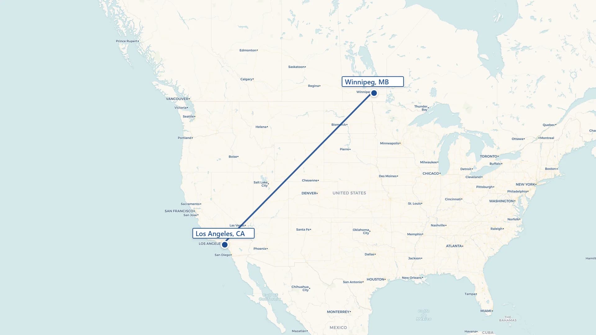Map showing Winnipeg to Los Angeles cross-border shipping route