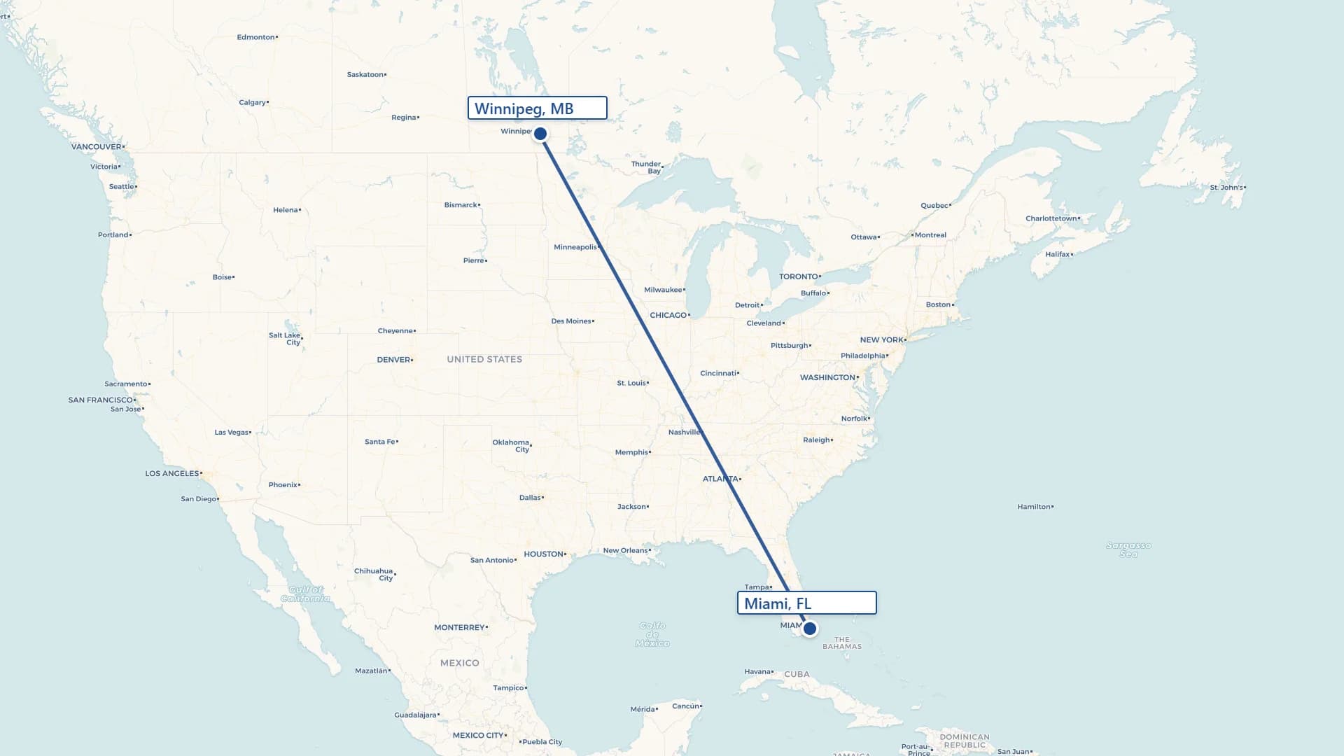 Map showing Winnipeg to Miami cross-border shipping route