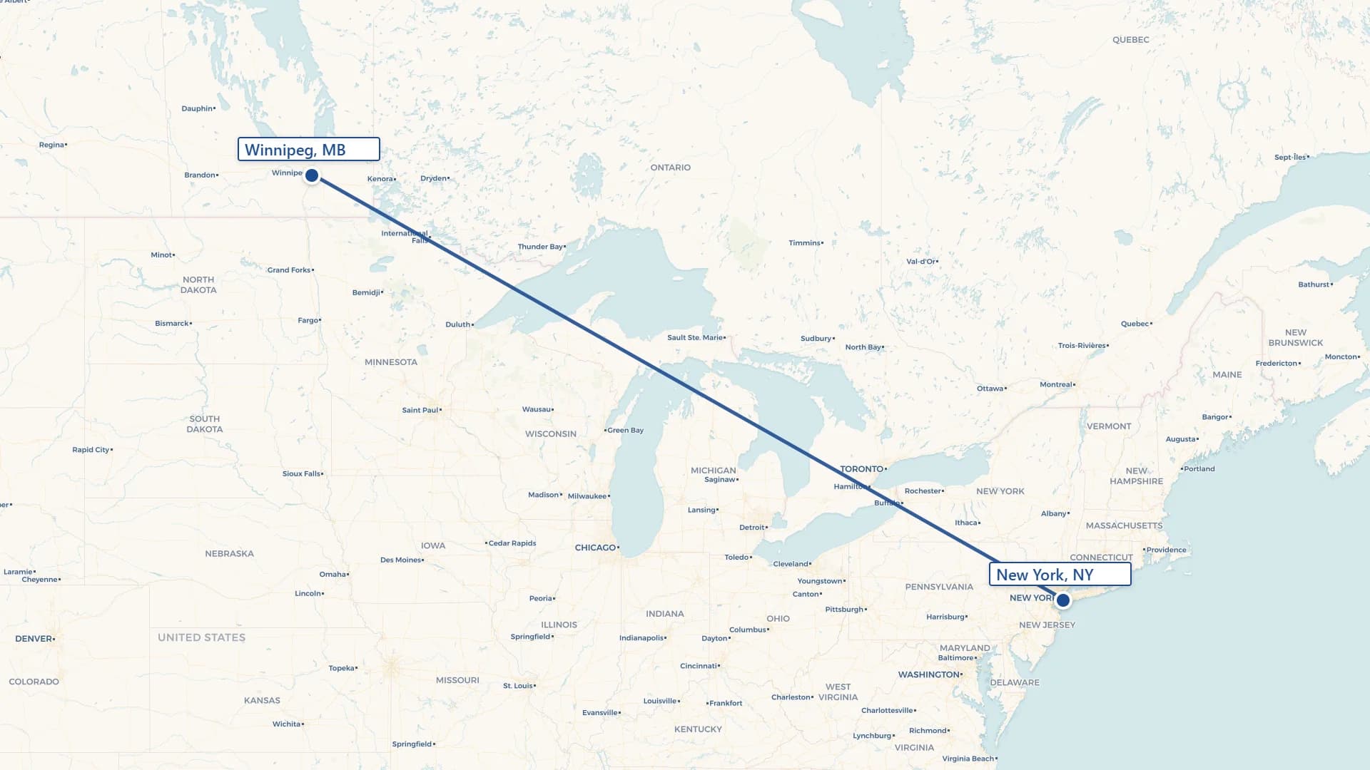 Map showing Winnipeg to New York cross-border shipping route