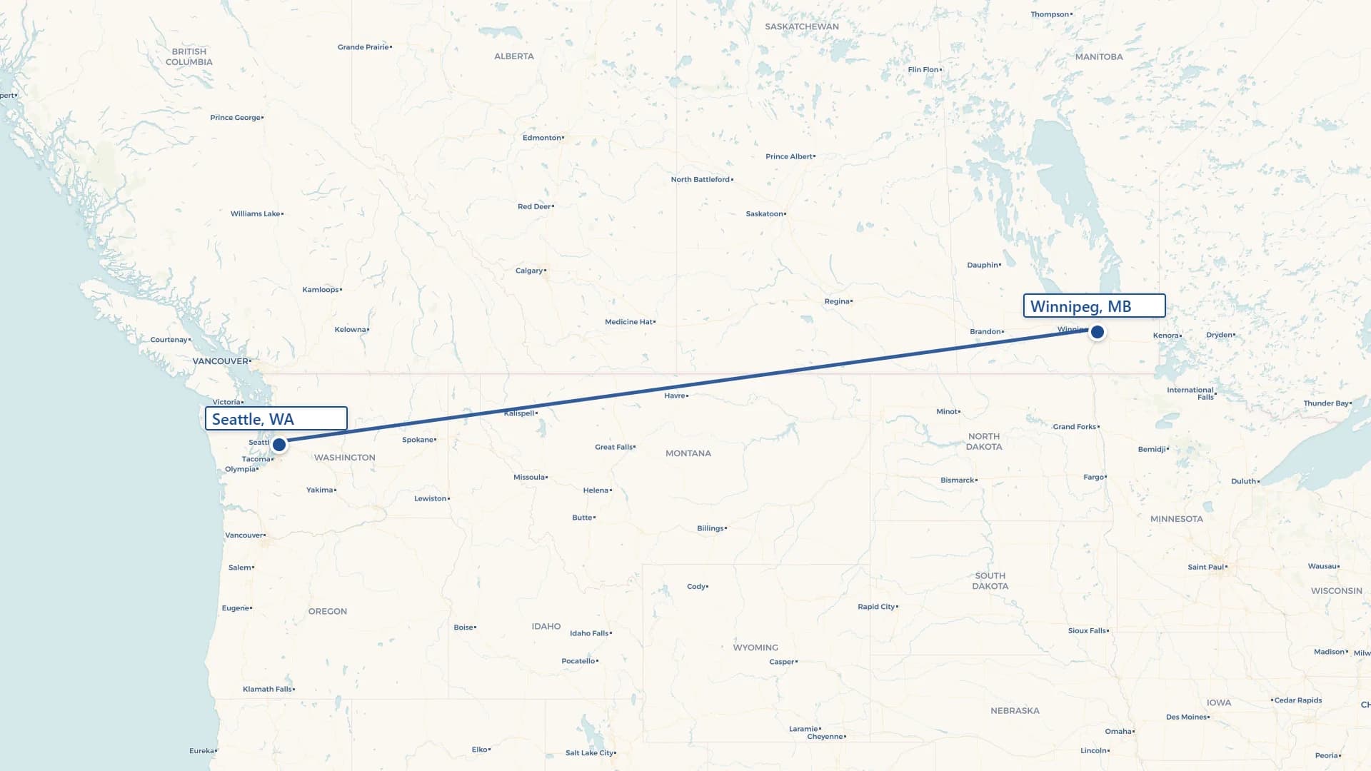 Map showing Winnipeg to Seattle cross-border shipping route