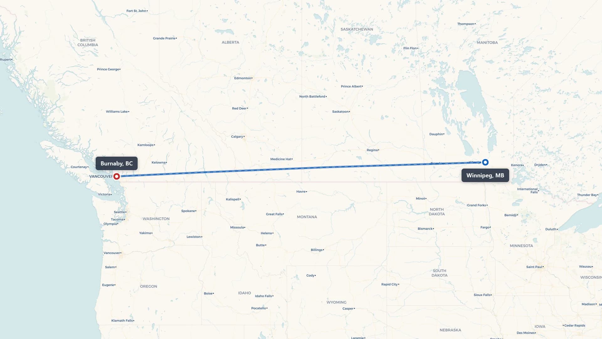 Route map showing car shipping from Winnipeg to Burnaby