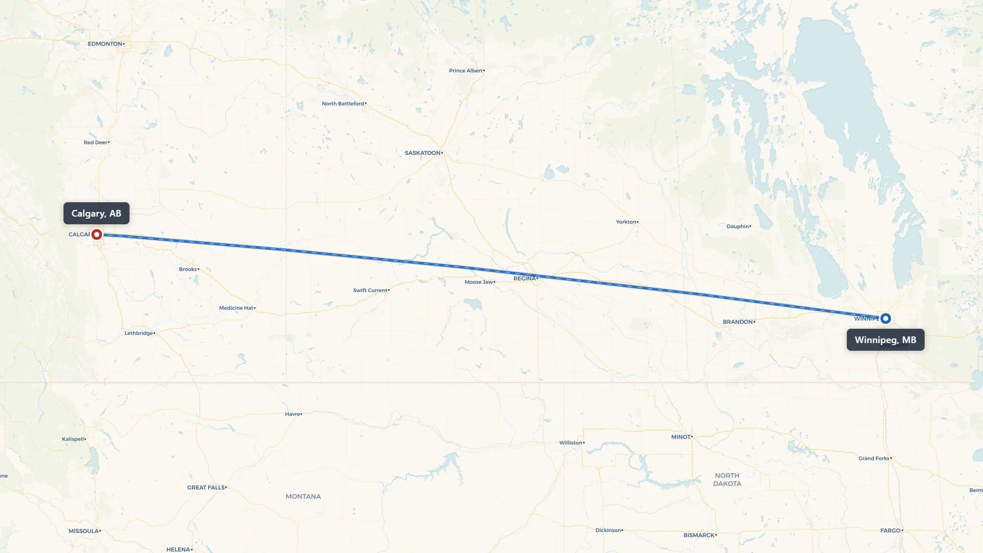 Route map showing car shipping from Winnipeg to Calgary