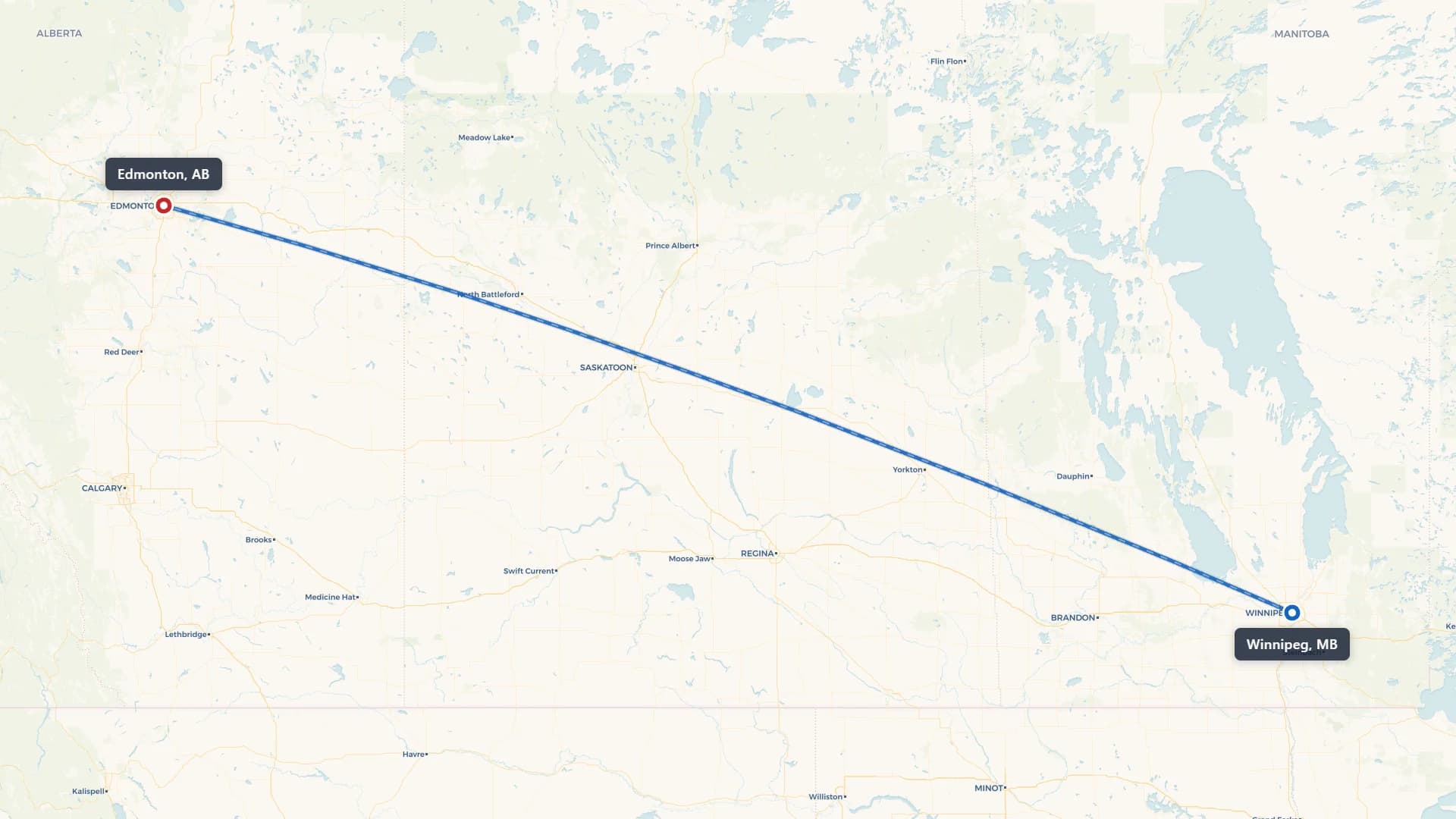 Route map showing car shipping from Winnipeg to Edmonton