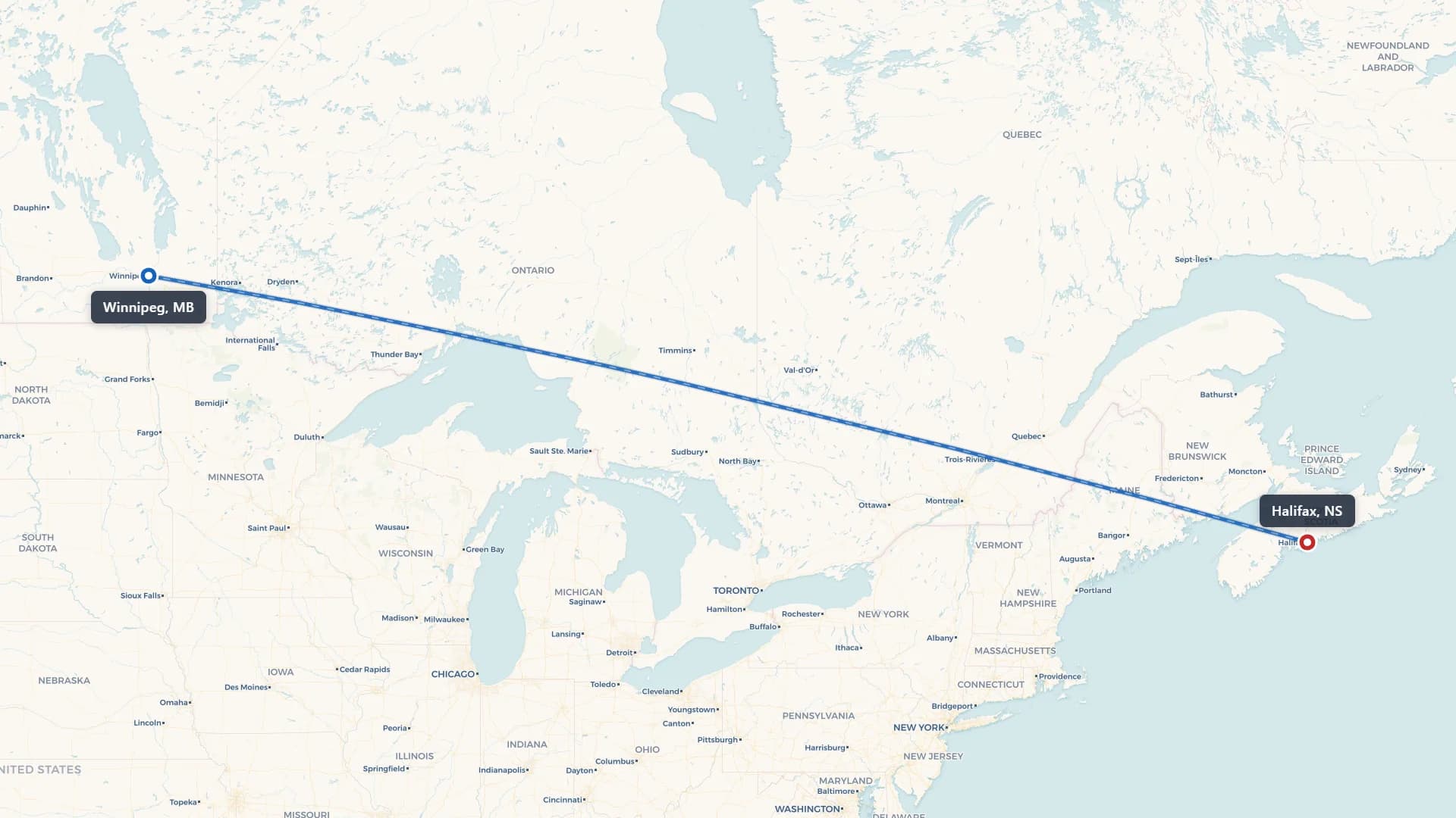 Route map showing car shipping from Winnipeg to Halifax