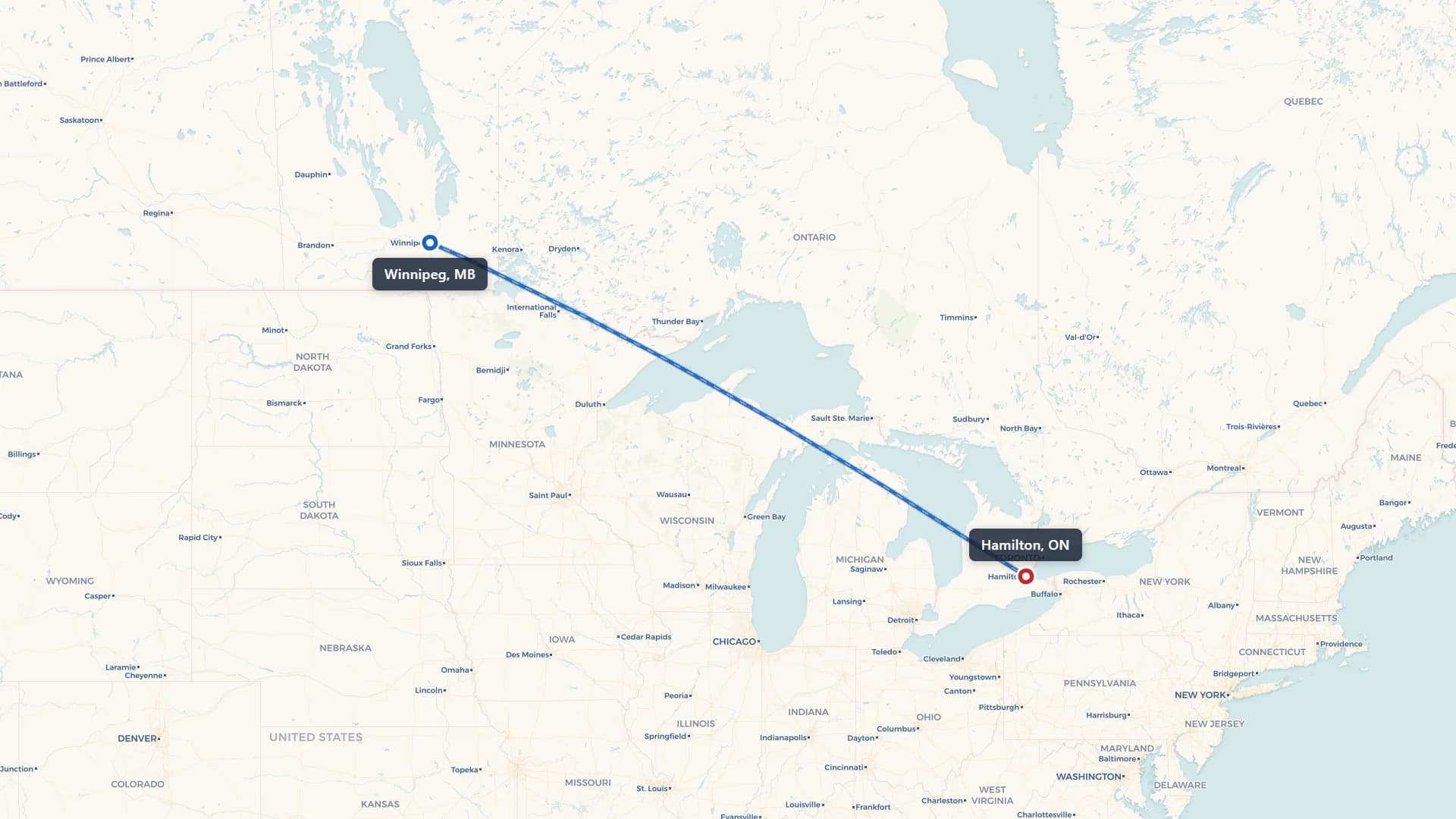 Route map showing car shipping from Winnipeg to Hamilton