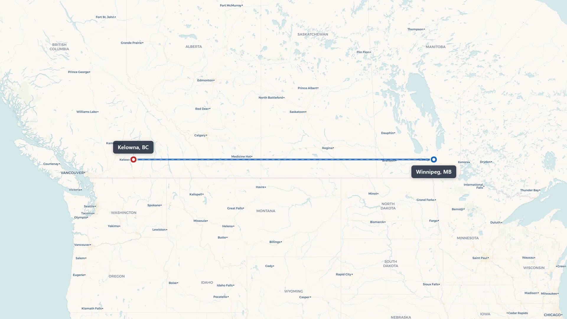 Route map showing car shipping from Winnipeg to Kelowna