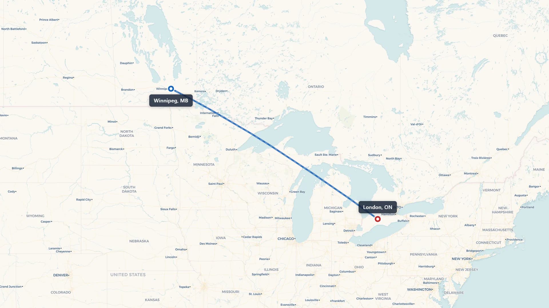 Route map showing car shipping from Winnipeg to London