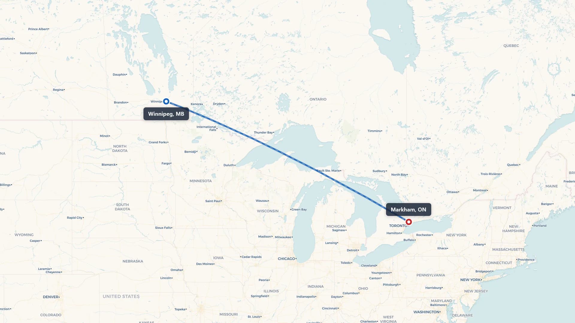 Route map showing car shipping from Winnipeg to Markham