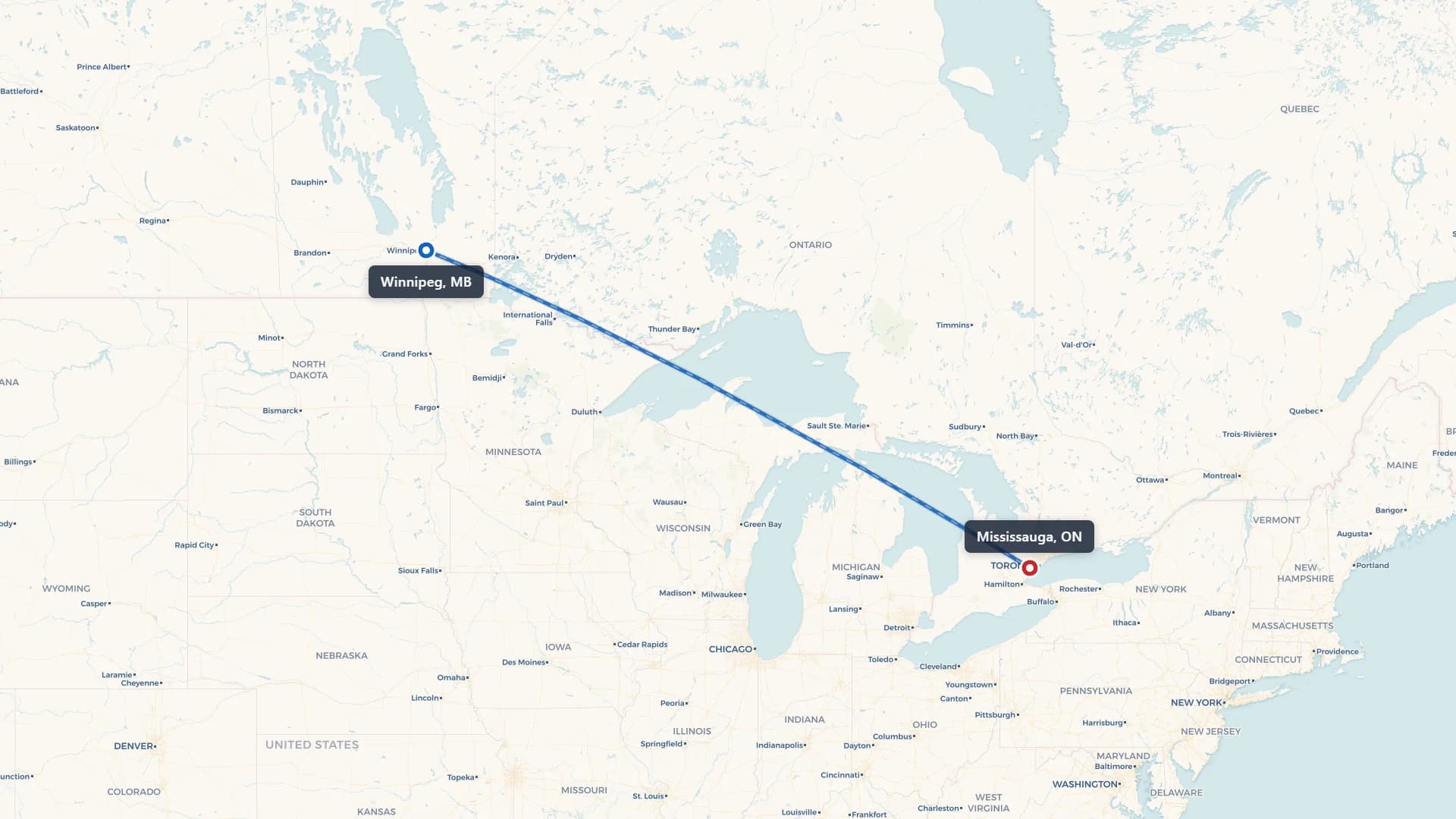 Route map showing car shipping from Winnipeg to Mississauga