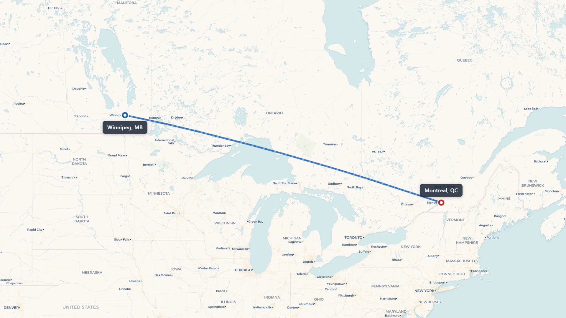 Route map showing car shipping from Winnipeg to Montreal