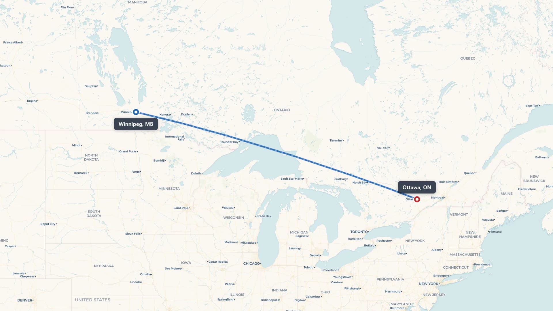 Route map showing car shipping from Winnipeg to Ottawa