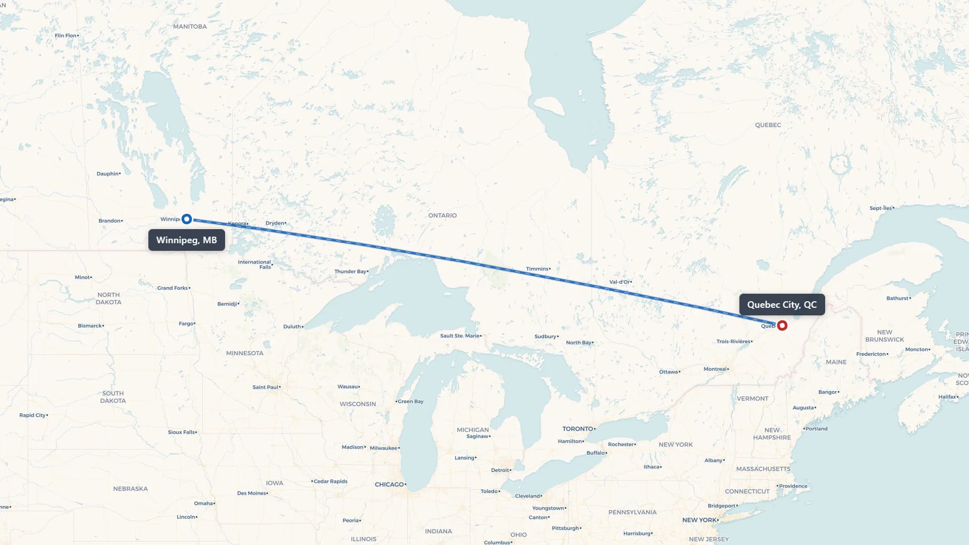 Route map showing car shipping from Winnipeg to Quebec City