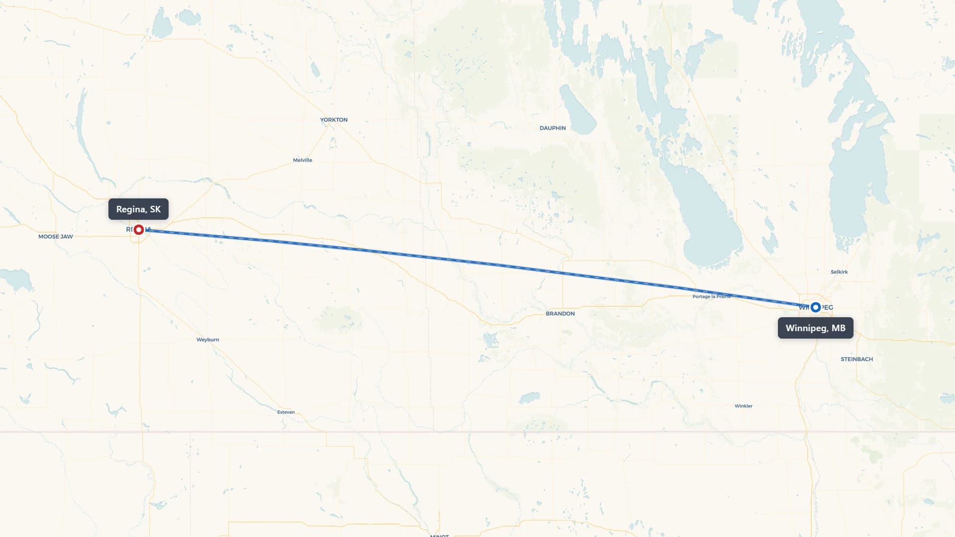 Route map showing car shipping from Winnipeg to Regina
