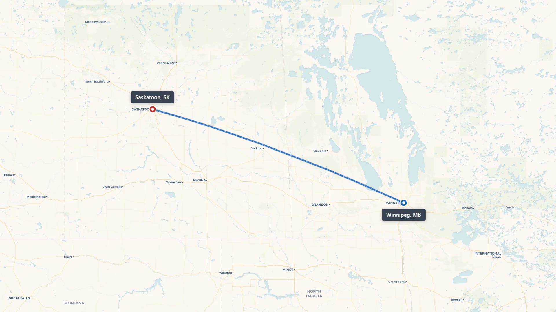 Route map showing car shipping from Winnipeg to Saskatoon