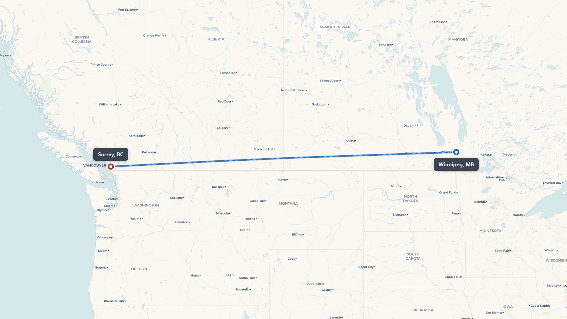 Route map showing car shipping from Winnipeg to Surrey
