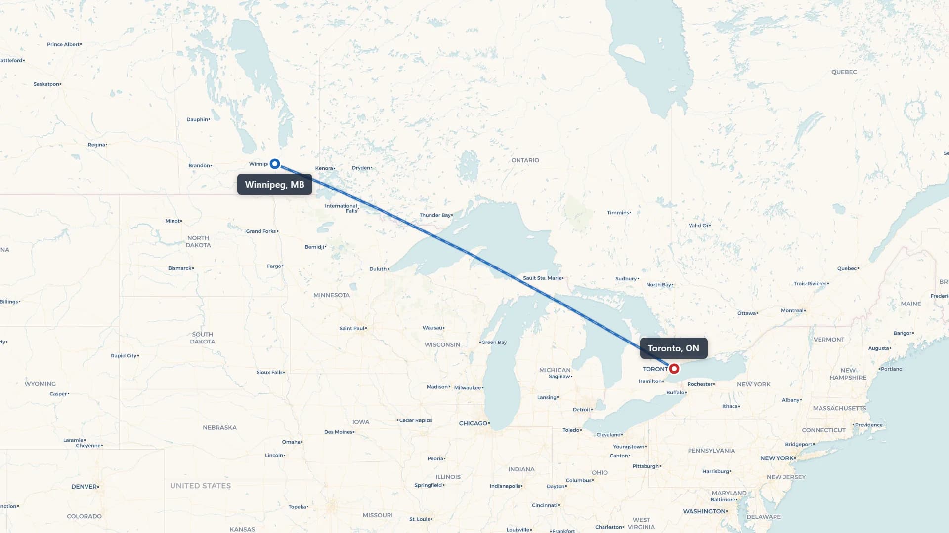 Route map showing car shipping from Winnipeg to Toronto