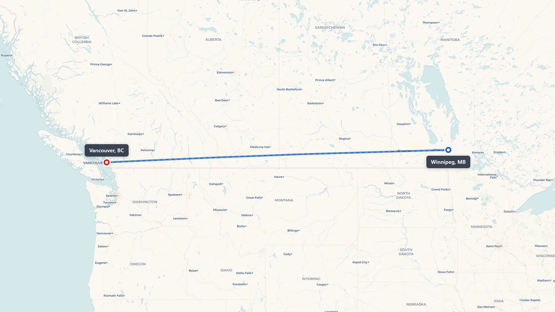 Route map showing car shipping from Winnipeg to Vancouver