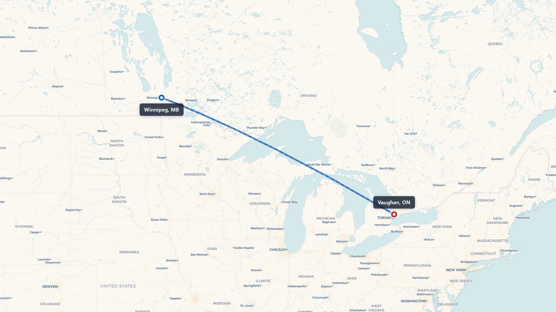Route map showing car shipping from Winnipeg to Vaughan