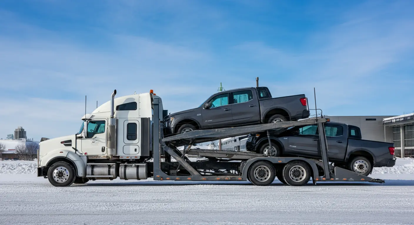 Vehicle transport truck on highway in Alberta with open skies and prairie landscape