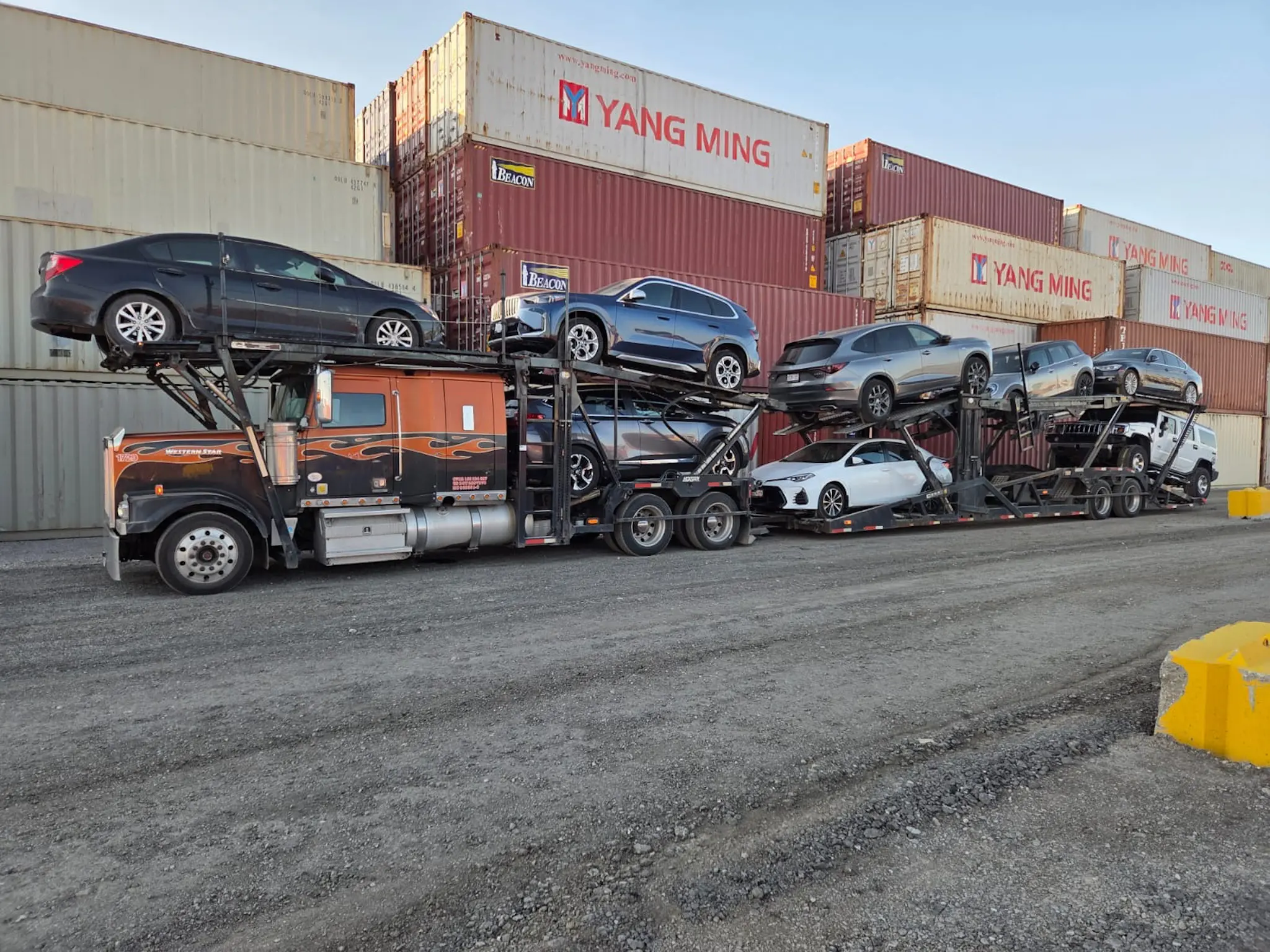 Car carrier traveling across Canada toward Vancouver